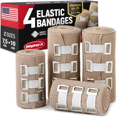Mighty-X Premium Compression Bandage 4pk (2x7.5 cm, 2x10 cm) with 12 Extra Clips Durable Elastic Bandage Wrap Stretches up to 4.6m Reusable Elasticated Wrap for Legs, Wrists, Ankles, Knees and Feet Mighty-X Premium Compression Bandage 4pk (2x7.5 cm, 2x10 cm) with 12 Extra Clips Durable Elastic Bandage Wrap Stretches up to 4.6m Reusable Elasticated Wrap for Legs, Wrists, Ankles, Knees and Feet