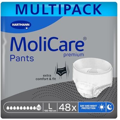 Molicare Premium Pants 10 Drops Incontinence Pants for Women and Men with Severe Incontinence – Disposable Adult Pull Ups with Extra Leakage Protection Size L 4 Packs of 12 Pieces (48 Pieces) Molicare Premium Pants 10 Drops Incontinence Pants for Women and Men with Severe Incontinence – Disposable Adult Pull Ups with Extra Leakage Protection Size L 4 Packs of 12 Pieces (48 Pieces)