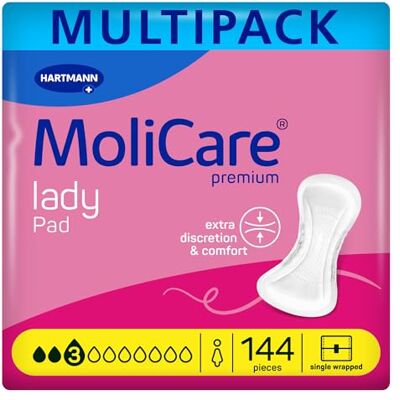 Molicare Premium Lady Pad 3 Drops Discreet Pads for Women with Light Bladder Weakness, Odour Neutraliser, Extra Leakage Protection, Advanced Skin Protection, 12 Packs of 12 Pads (144 Pieces) Molicare Premium Lady Pad 3 Drops Discreet Pads for Women with Light Bladder Weakness, Odour Neutraliser, Extra Leakage Protection, Advanced Skin Protection, 12 Packs of 12 Pads (144 Pieces)