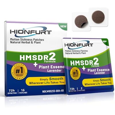 Hionfurt HMSDR2 Motion Sickness Patches, 16 Patches with Lavender Essence Non-Drowsy Travel Sickness Patches with Natural Ingredients for Car, Sea and Air Travel, Lasts 72 Hours Hionfurt HMSDR2 Motion Sickness Patches, 16 Patches with Lavender Essence Non-Drowsy Travel Sickness Patches with Natural Ingredients for Car, Sea and Air Travel, Lasts 72 Hours