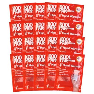 Koolpak 40 x Hand Warmers (20 Pairs) Disposable Air Activated Heat Pads – Up to 10 Hours Warmth – Ideal for Cold Weather, Outdoors, Camping, Hiking & Travel – Pocket Size for Men & Women – Bulk Pack Koolpak 40 x Hand Warmers (20 Pairs) Disposable Air Activated Heat Pads – Up to 10 Hours Warmth – Ideal for Cold Weather, Outdoors, Camping, Hiking & Travel – Pocket Size for Men & Women – Bulk Pack