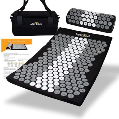 LyfeFocus Acupressure Mat & Pillow Set with Travel Bag Cushioned Spike Acupuncture Massage Mat for Back, Neck & Shoulder Pain Relief Easing Muscle Tension & Stress (Black & Grey/White) LyfeFocus Acupressure Mat & Pillow Set with Travel Bag Cushioned Spike Acupuncture Massage Mat for Back, Neck & Shoulder Pain Relief Easing Muscle Tension & Stress (Black & Grey/White)