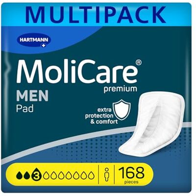 Molicare Men Pad 3 Drops Discreet Incontinence Pads for Men, with Anti-Leak Guards, Instant-Dry Feeling, Advanced Skin Protection, 12 Packs of 14 Pads (168 Pieces) Molicare Men Pad 3 Drops Discreet Incontinence Pads for Men, with Anti-Leak Guards, Instant-Dry Feeling, Advanced Skin Protection, 12 Packs of 14 Pads (168 Pieces)