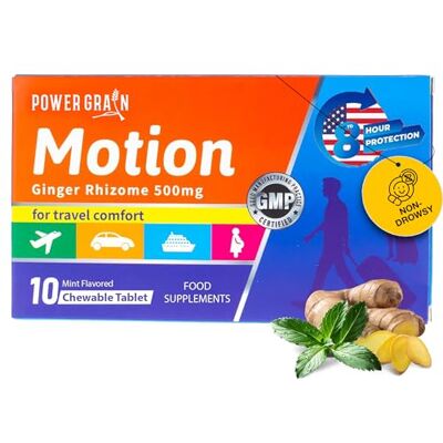 Power Grain Travel and Motion Sickness Tablets 500mg Chewable Ginger Rhizome Tablets Non-Drowsy Nausea & Vomiting Relief 10 Tablets (Mint) Power Grain Travel and Motion Sickness Tablets 500mg Chewable Ginger Rhizome Tablets Non-Drowsy Nausea & Vomiting Relief 10 Tablets (Mint)