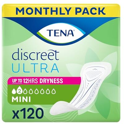 TENA Discreet Ultra Pad Mini Incontinence Pads for Women with Light Bladder Leaks, Thinnest Design Ever, Specifically Designed for Discreet Protection 6x20p TENA Discreet Ultra Pad Mini Incontinence Pads for Women with Light Bladder Leaks, Thinnest Design Ever, Specifically Designed for Discreet Protection 6x20p