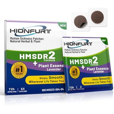 Hionfurt HMSDR2 Motion Sickness Patches, 64 Patches with Lavender Essence Non-Drowsy Travel Sickness Patches with Natural Ingredients for Car, Sea and Air Travel, Lasts 72 Hours Hionfurt HMSDR2 Motion Sickness Patches, 64 Patches with Lavender Essence Non-Drowsy Travel Sickness Patches with Natural Ingredients for Car, Sea and Air Travel, Lasts 72 Hours