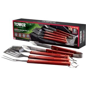 Tower 4 Piece BBQ Tool Set with Red Maple Wood Handles, Spatula, Fork, Tongs & Cleaning Brush, Stainless Steel Tower 4 Piece BBQ Tool Set with Red Maple Wood Handles, Spatula, Fork, Tongs & Cleaning Brush, Stainless Steel