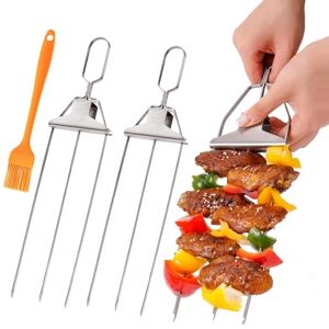 HIYAA 3 Way Grilling Skewers, 3Pcs Stainless Steel BBQ Skewers 3-Prong Kabob Skewers with Brush and Easy to Use Push Bar Slider for Outdoor Grill HIYAA 3 Way Grilling Skewers, 3Pcs Stainless Steel BBQ Skewers 3-Prong Kabob Skewers with Brush and Easy to Use Push Bar Slider for Outdoor Grill