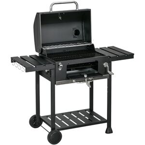 Outsunny Charcoal Barbecue Grill Trolley with Adjustable Charcoal Pan, Galvanised Steel Smoker BBQ Grill with Storage Shelves, Themometer, Lid, Wheels and Bottle Opener, Black Outsunny Charcoal Barbecue Grill Trolley with Adjustable Charcoal Pan, Galvanised Steel Smoker BBQ Grill with Storage Shelves, Themometer, Lid, Wheels and Bottle Opener, Black