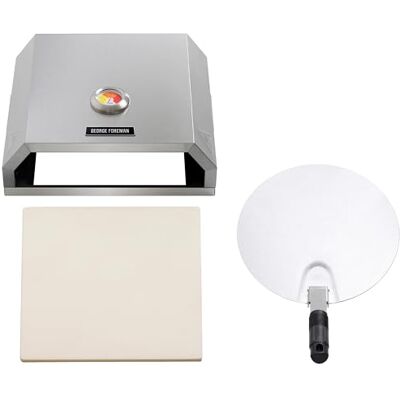 George Foreman Pizza Oven 12" BBQ Grill Top with Paddle, Suitable on Charcoal and Gas BBQs, Ceramic Pizza Stone, Foldable Pizza Paddle, Enamelled Base, Stainless Steel, GFPO1SSPC George Foreman Pizza Oven 12" BBQ Grill Top with Paddle, Suitable on Charcoal and Gas BBQs, Ceramic Pizza Stone, Foldable Pizza Paddle, Enamelled Base, Stainless Steel, GFPO1SSPC