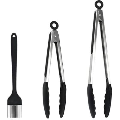 BJSSBJH Kitchen Tongs, 2pcs Barbecue Tongs 27cm & 29cm with Silicone Tips, 1pc Brush Stainless Steel Cooking Tongs with Heat Resistant Handle for BBQ Serving, Grilling, Buffet, Dishwasher Safe (Black) BJSSBJH Kitchen Tongs, 2pcs Barbecue Tongs 27cm & 29cm with Silicone Tips, 1pc Brush Stainless Steel Cooking Tongs with Heat Resistant Handle for BBQ Serving, Grilling, Buffet, Dishwasher Safe (Black)