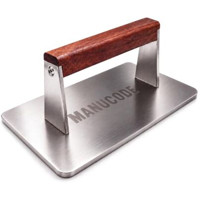 Manucode Burger Smasher, Stainless Steel, 23.5 x 14.5 cm, 1.4 kg Heavy grill press with wood handle for griddle and barbecue cooking, sears smash burgers, steak and bacon evenly Manucode Burger Smasher, Stainless Steel, 23.5 x 14.5 cm, 1.4 kg Heavy grill press with wood handle for griddle and barbecue cooking, sears smash burgers, steak and bacon evenly