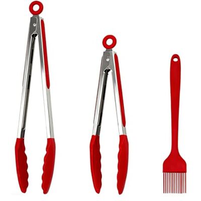 BJSSBJH Kitchen Tongs, 2pcs Barbecue Tongs 27cm & 29cm with Silicone Tips, 1pc Brush Stainless Steel Cooking Tongs with Heat Resistant Handle for BBQ Serving, Grilling, Buffet, Dishwasher Safe (Red) BJSSBJH Kitchen Tongs, 2pcs Barbecue Tongs 27cm & 29cm with Silicone Tips, 1pc Brush Stainless Steel Cooking Tongs with Heat Resistant Handle for BBQ Serving, Grilling, Buffet, Dishwasher Safe (Red)