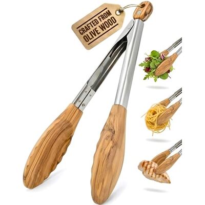 Boxiki Kitchen Olive Wood Tongs for Cooking and Serving 12 Inch Wooden Tongs with 304 Stainless Steel Body and Locking Mechanism, Nonstick Safe Kitchen Tongs for Salad, BBQ, Grilling and Stovetop Boxiki Kitchen Olive Wood Tongs for Cooking and Serving 12 Inch Wooden Tongs with 304 Stainless Steel Body and Locking Mechanism, Nonstick Safe Kitchen Tongs for Salad, BBQ, Grilling and Stovetop