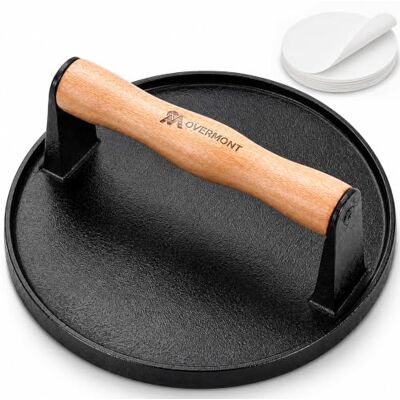 OVERMONT 7" Round Smash Burger Press Cast Iron Smasher with Patty Paper Heavy-Duty Hamburger Bacon Meat Press with Wood Handle Flat Bottom, Pre-Seasoned Heat Resistant for Griddle Grill BBQ OVERMONT 7" Round Smash Burger Press Cast Iron Smasher with Patty Paper Heavy-Duty Hamburger Bacon Meat Press with Wood Handle Flat Bottom, Pre-Seasoned Heat Resistant for Griddle Grill BBQ