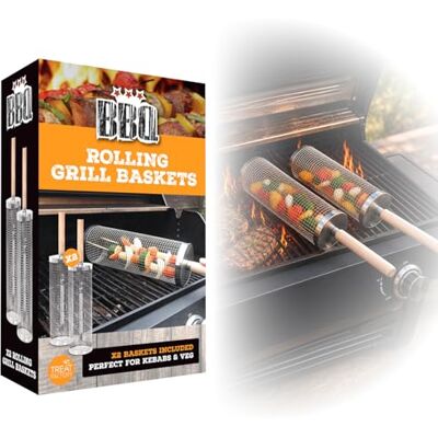 Treat Factory BBQ Rolling Grill Basket Set of Two Stainless Steel Barbecue Cages 30 cm / 2 Litre Mesh for Cleaner Cooking Treat Factory BBQ Rolling Grill Basket Set of Two Stainless Steel Barbecue Cages 30 cm / 2 Litre Mesh for Cleaner Cooking