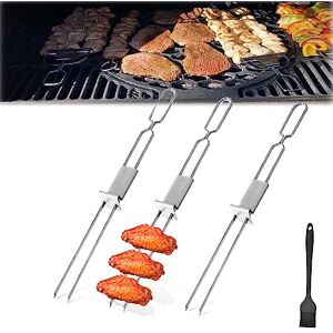 Yagerod 3 Way Grill Skewers - Grillsavant, 3 Way Grill Skewers for Outdoor Grill, 3 Way Skewer for Grilling, BBQ Grill Skewers, Grill Skewers Stainless Steel, Easy to Use Push Bar Slider (3Double Fork)