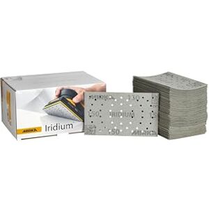 Mirka Iridium Premium Sandpaper 81x133mm Hook & loop 54-Hole, Grit 150, 100/Pack/For sanding paint, putty, primer, wood, steel, mineral materials, plastic. Mirka Iridium Premium Sandpaper 81x133mm Hook & loop 54-Hole, Grit 150, 100/Pack/For sanding paint, putty, primer, wood, steel, mineral materials, plastic.