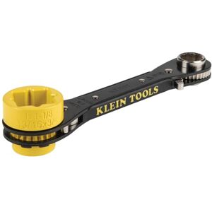 KLEIN TOOLS KT155T 6-in-1 Lineman's Ratcheting Wrench with Bolt Through Design and Bright Yellow Socket KLEIN TOOLS KT155T 6-in-1 Lineman's Ratcheting Wrench with Bolt Through Design and Bright Yellow Socket
