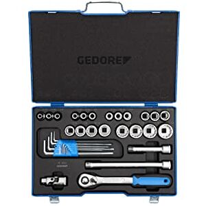 GEDORE 31-piece Socket spanner set, Bi-hex, 1/2", 10-36 mm, Tool, Ratchet with lever reverse Allen, for carmotive, D19 KMU-20 GEDORE 31-piece Socket spanner set, Bi-hex, 1/2", 10-36 mm, Tool, Ratchet with lever reverse Allen, for carmotive, D19 KMU-20
