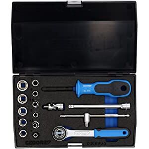 GEDORE 17-piece Socket spanner set, Bi-hex, 1/4", 4-13 mm, Tool, Ratchet with lever reverse, for carmotive, D20 EMU 3 GEDORE 17-piece Socket spanner set, Bi-hex, 1/4", 4-13 mm, Tool, Ratchet with lever reverse, for carmotive, D20 EMU 3