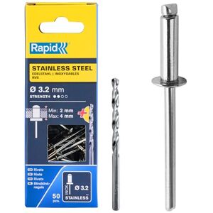 Rapid Rivets Stainless Steel Including Drill Bit, 3.2 x 8 mm, 5000393 50 Pieces Rapid Rivets Stainless Steel Including Drill Bit, 3.2 x 8 mm, 5000393 50 Pieces