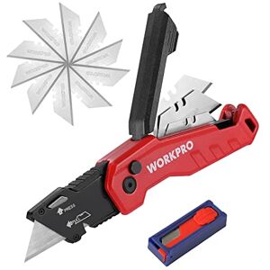 WORKPRO Folding Utility Knife, Aluminum Box Cutter with Quick-Change Blade and Belt Clip, Blade Storage, Safety-Lock Design, Includes 13 Blades, Red WORKPRO Folding Utility Knife, Aluminum Box Cutter with Quick-Change Blade and Belt Clip, Blade Storage, Safety-Lock Design, Includes 13 Blades, Red