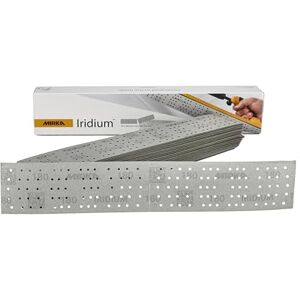 Mirka Iridium Premium Sandpaper 70x400mm and 70x198mm / Center perforated/Hook & loop/Grit 180, 50 pcs/For sanding paint, putty, primer, wood, steel, mineral materials, plastic. Mirka Iridium Premium Sandpaper 70x400mm and 70x198mm / Center perforated/Hook & loop/Grit 180, 50 pcs/For sanding paint, putty, primer, wood, steel, mineral materials, plastic.