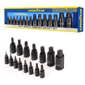 Goodyear 15pc Impact Torx Bit Socket Set 1/4 3/8 1/2 T6-T70 TRX-Star Goodyear 15pc Impact Torx Bit Socket Set 1/4 3/8 1/2 T6-T70 TRX-Star