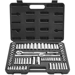 VEVOR Socket Set, 69 Pieces, 9.5 & 6.4 mm Drive Socket and Ratchet Set, SAE and Metric, Deep and Standard, Mechanic Tool Kit with Accessories and Storage Case, CR-V Alloy Steel, for Auto Repair VEVOR Socket Set, 69 Pieces, 9.5 & 6.4 mm Drive Socket and Ratchet Set, SAE and Metric, Deep and Standard, Mechanic Tool Kit with Accessories and Storage Case, CR-V Alloy Steel, for Auto Repair