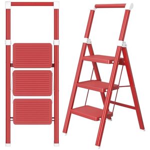 DIAMONDFORGE 3 Step Ladder, Folding Step Stool with Wide Anti-Slip Pedal, Anti-Slip Feet and Handgrip, Sturdiest Steel Construction, Steel Ladder for Home, Red White DIAMONDFORGE 3 Step Ladder, Folding Step Stool with Wide Anti-Slip Pedal, Anti-Slip Feet and Handgrip, Sturdiest Steel Construction, Steel Ladder for Home, Red White