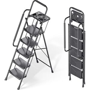 KINGRACK 5 Step Ladder, Folding Steel Step Ladder with Tool Tray, Handrail, Anti-Slip Wide Pedals, Safe Lock Design, Heavy Duty 226kg Load, Portable Ladder for Home, Outdoor, and Garage, Black KINGRACK 5 Step Ladder, Folding Steel Step Ladder with Tool Tray, Handrail, Anti-Slip Wide Pedals, Safe Lock Design, Heavy Duty 226kg Load, Portable Ladder for Home, Outdoor, and Garage, Black