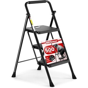 HBTower 3 Step Ladder, Folding Step Stool with Wide Non-Slip Pedal, Sturdy Steel Ladder, Comfortable Handle, Lightweight, Portable Steel Step Stool, Black HBTower 3 Step Ladder, Folding Step Stool with Wide Non-Slip Pedal, Sturdy Steel Ladder, Comfortable Handle, Lightweight, Portable Steel Step Stool, Black