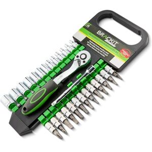 brackit Bracket 28-Pieces Socket wrench set tool with 72 Tooth Reversible Ratchet –Socket Set with Bits Soft Grip Ratchet Socket set metric with extension bar Large socket set for car tool set and Home Use brackit Bracket 28-Pieces Socket wrench set tool with 72 Tooth Reversible Ratchet –Socket Set with Bits Soft Grip Ratchet Socket set metric with extension bar Large socket set for car tool set and Home Use