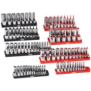 VEVOR Socket Organizer Set, 8PCS High-Rod Socket Holder, 1/4'', 3/8'' & 1/2'' Metric SAE Socket Trays with Clear Labels, Hold up to 176PCS Standard & Deep Sockets, Black & Red (Socket Not Included) VEVOR Socket Organizer Set, 8PCS High-Rod Socket Holder, 1/4'', 3/8'' & 1/2'' Metric SAE Socket Trays with Clear Labels, Hold up to 176PCS Standard & Deep Sockets, Black & Red (Socket Not Included)