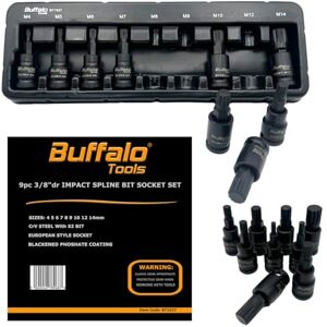 Buffalo 9pcs 3/8 inch Spline Impact Socket Bit Set M4-M14, Durable Vanadium Steel, Rust Resistant Finish, 4mm-14mm Tool Set with Storage Tray Buffalo 9pcs 3/8 inch Spline Impact Socket Bit Set M4-M14, Durable Vanadium Steel, Rust Resistant Finish, 4mm-14mm Tool Set with Storage Tray
