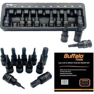 Buffalo 11pcs 3/8 inch Torx Star Impact Socket Bit Set T10-T60, Durable Chrome Vanadium Steel, Rust Resistant TRX-Star Tool Set with Storage Tray Buffalo 11pcs 3/8 inch Torx Star Impact Socket Bit Set T10-T60, Durable Chrome Vanadium Steel, Rust Resistant TRX-Star Tool Set with Storage Tray