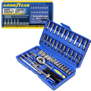 Goodyear 46-Piece 1/4" Drive Socket Set – Quick Release Ratchet, Reversible Function, Spinner Handle, Extension Bars, Adaptor & Universal Joint – Strong Grip Rounded Wall Sockets Goodyear 46-Piece 1/4" Drive Socket Set – Quick Release Ratchet, Reversible Function, Spinner Handle, Extension Bars, Adaptor & Universal Joint – Strong Grip Rounded Wall Sockets