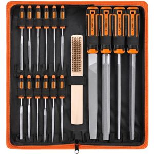 REXBETI 25Pcs Metal File Set, Premium Grade T12 Drop Forged Alloy Steel, Flat/Triangle/Half-round/Round Large File and 12pcs Needle Files with Carry Case, 6pcs Sandpaper, a brush,a pair working gloves REXBETI 25Pcs Metal File Set, Premium Grade T12 Drop Forged Alloy Steel, Flat/Triangle/Half-round/Round Large File and 12pcs Needle Files with Carry Case, 6pcs Sandpaper, a brush,a pair working gloves