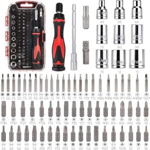 Amazon Basics Magnetic Ratcheting Wrench and Electronics Precision Screwdriver Set, 73 count (Pack of 1), Black, Red, Silver Amazon Basics Magnetic Ratcheting Wrench and Electronics Precision Screwdriver Set, 73 count (Pack of 1), Black, Red, Silver