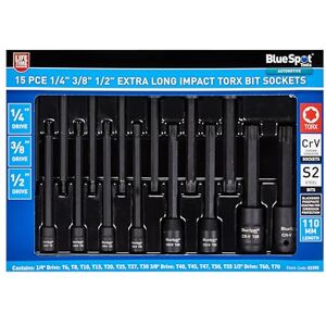 Generic Blue Spot Tools 15 PCE 1/4", 3/8" & 1/2" Extra Long Impact Torx Bits Sockets (T6-T70) Generic Blue Spot Tools 15 PCE 1/4", 3/8" & 1/2" Extra Long Impact Torx Bits Sockets (T6-T70)