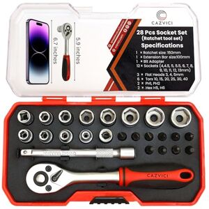 Cazvici 28Pack 1/4 Sockets Set & Tool – Quick Release 72-Tooth Ratchet Set with Extension Bar, Bit and Sockets – Chrome Vanadium Metric Tool Kit for Home, DIY & Car Repair (Socket Set) Cazvici 28Pack 1/4 Sockets Set & Tool – Quick Release 72-Tooth Ratchet Set with Extension Bar, Bit and Sockets – Chrome Vanadium Metric Tool Kit for Home, DIY & Car Repair (Socket Set)