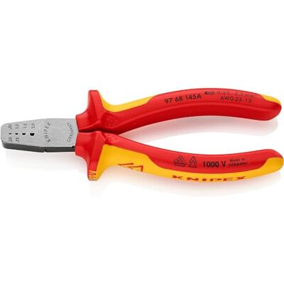 KNIPEX Crimping Pliers for Wire Ferrules Insulated with Multi-Component Grips, VDE-Tested 145 mm, 97 68 145 A KNIPEX Crimping Pliers for Wire Ferrules Insulated with Multi-Component Grips, VDE-Tested 145 mm, 97 68 145 A