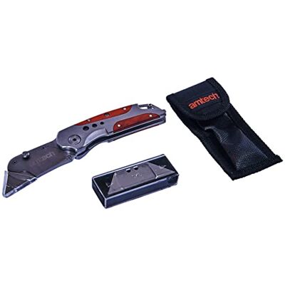 Amtech Folding Lock-Back Utility Knife, Wooden Grip with 5 Spare Blades, for Craft, DIY and Everyday Cutting. Amtech Folding Lock-Back Utility Knife, Wooden Grip with 5 Spare Blades, for Craft, DIY and Everyday Cutting.
