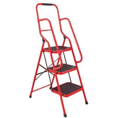 Coopers of Stortford 3 Step Folding Safety Ladder with Handrail Silver/Red Anti-Slip Treads & Feet H146 x W9 x D51cm (Red) Coopers of Stortford 3 Step Folding Safety Ladder with Handrail Silver/Red Anti-Slip Treads & Feet H146 x W9 x D51cm (Red)