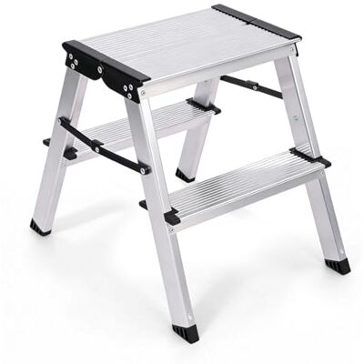Sekey Folding Ladder Made of Aluminium, 2 Steps, Aluminium Ladder, Walk on Both Sides, Folding Ladder with Non-Slip Steps, for Household and Home, TÜV & SGS, EN131/14183, Maximum Load 150 kg Sekey Folding Ladder Made of Aluminium, 2 Steps, Aluminium Ladder, Walk on Both Sides, Folding Ladder with Non-Slip Steps, for Household and Home, TÜV & SGS, EN131/14183, Maximum Load 150 kg