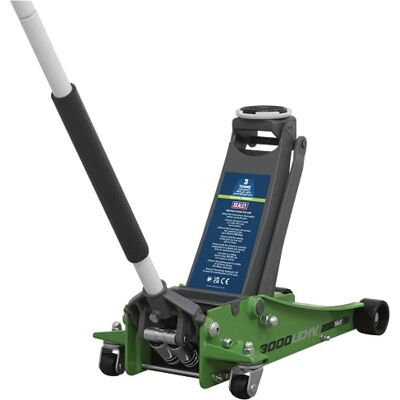 Sealey 3 Tonne Low Profile Trolley Jack, Car Jack, with Rocket Lift High Vis Green 3000LEHV, 5054630270338 Sealey 3 Tonne Low Profile Trolley Jack, Car Jack, with Rocket Lift High Vis Green 3000LEHV, 5054630270338