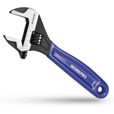 WORKPRO 150 mm Wide Mouth Adjustable Wrench, Metric Spanner 25 mm Wide Jaw Opening, Bi-Material Grip, Precision Scale, Cr-V Steel, Compact Design WORKPRO 150 mm Wide Mouth Adjustable Wrench, Metric Spanner 25 mm Wide Jaw Opening, Bi-Material Grip, Precision Scale, Cr-V Steel, Compact Design