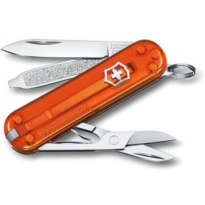 Victorinox Classic SD Mini Swiss Army Knife, Camping Pocket Knives, 7 Functions, Blade, Keyring, Orange Transparent Victorinox Classic SD Mini Swiss Army Knife, Camping Pocket Knives, 7 Functions, Blade, Keyring, Orange Transparent
