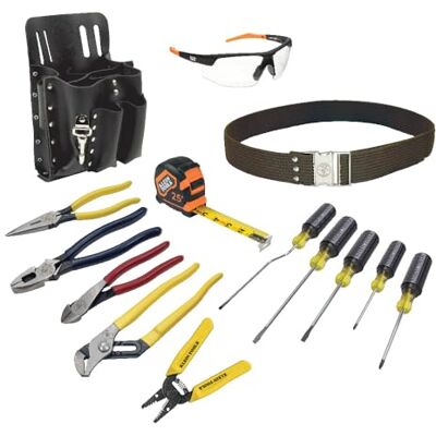 KLEIN TOOLS 80014 Electrician Tool Kit with an Array of Tools and Eye Protection, Comes in 8-Pocket Leather Tool Pouch, 14-Piece KLEIN TOOLS 80014 Electrician Tool Kit with an Array of Tools and Eye Protection, Comes in 8-Pocket Leather Tool Pouch, 14-Piece